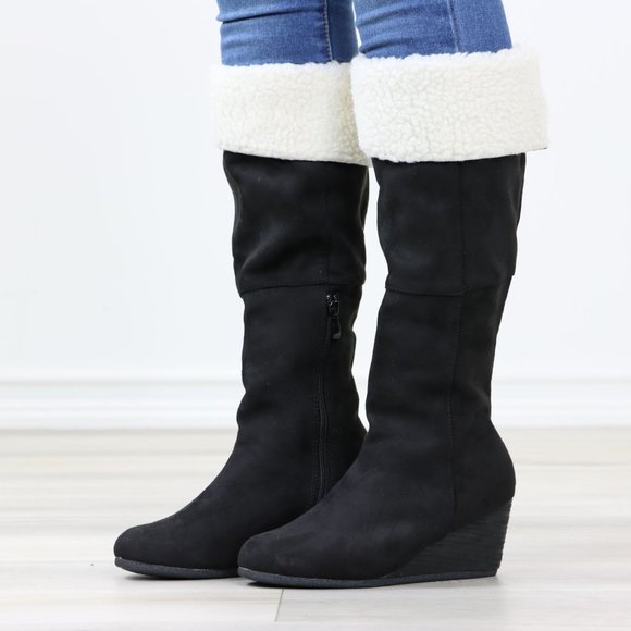 Sherpa Fold Over Black Below The Knee Wedge Heeled Boots Faux Suede - Picture 11 of 12